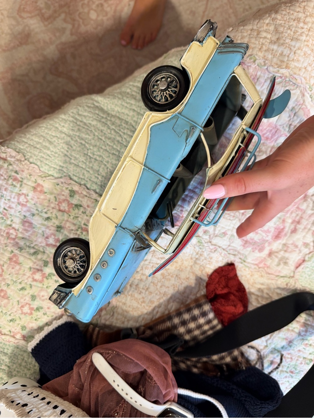 Vintage Light Blue and Cream Metal Toy Car
